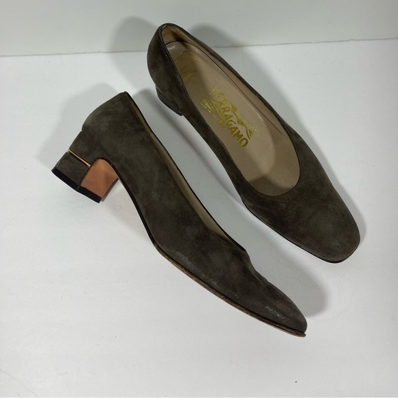 Salvatore Ferragamo Brown Suede Pump Women's Block Heel 6.5 - Picture 7 of 12